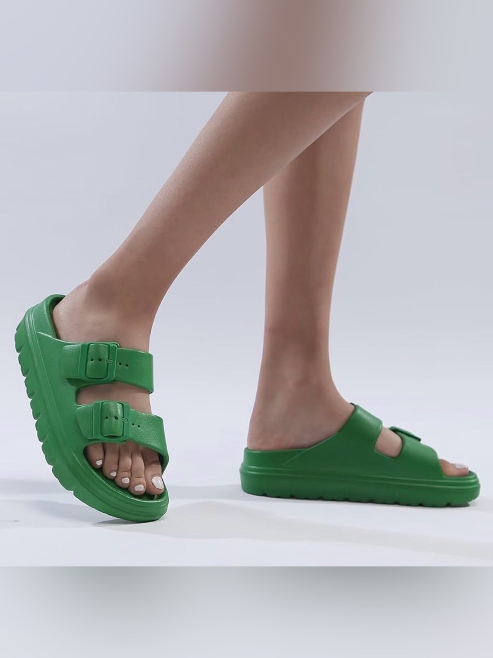 Green Dual-Buckle Slide Platform Sandals - Arch Support